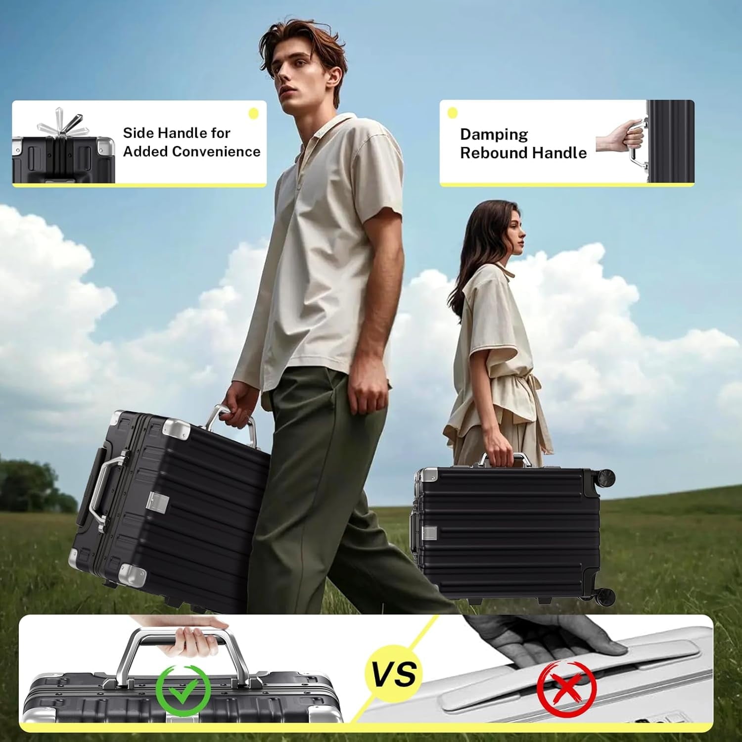 Luggage Sets 2 Pieces Aluminum Frame Carry On Luggage with Wheels PC ABS Hardside Zipperless with TSA Lock 20 28 inch Black