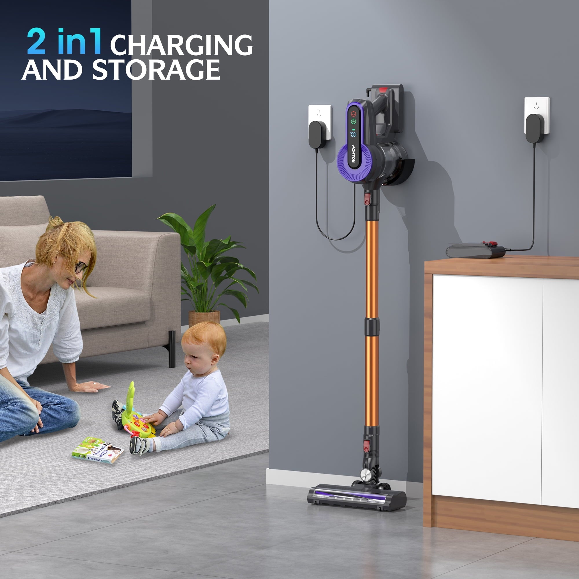 Roanow Cordless Vacuum Cleaner, 38KPA/55Min, Lightweight Stick Vacuum Cleaner for Home Hardwood Floor, Carpet and Pet Hair