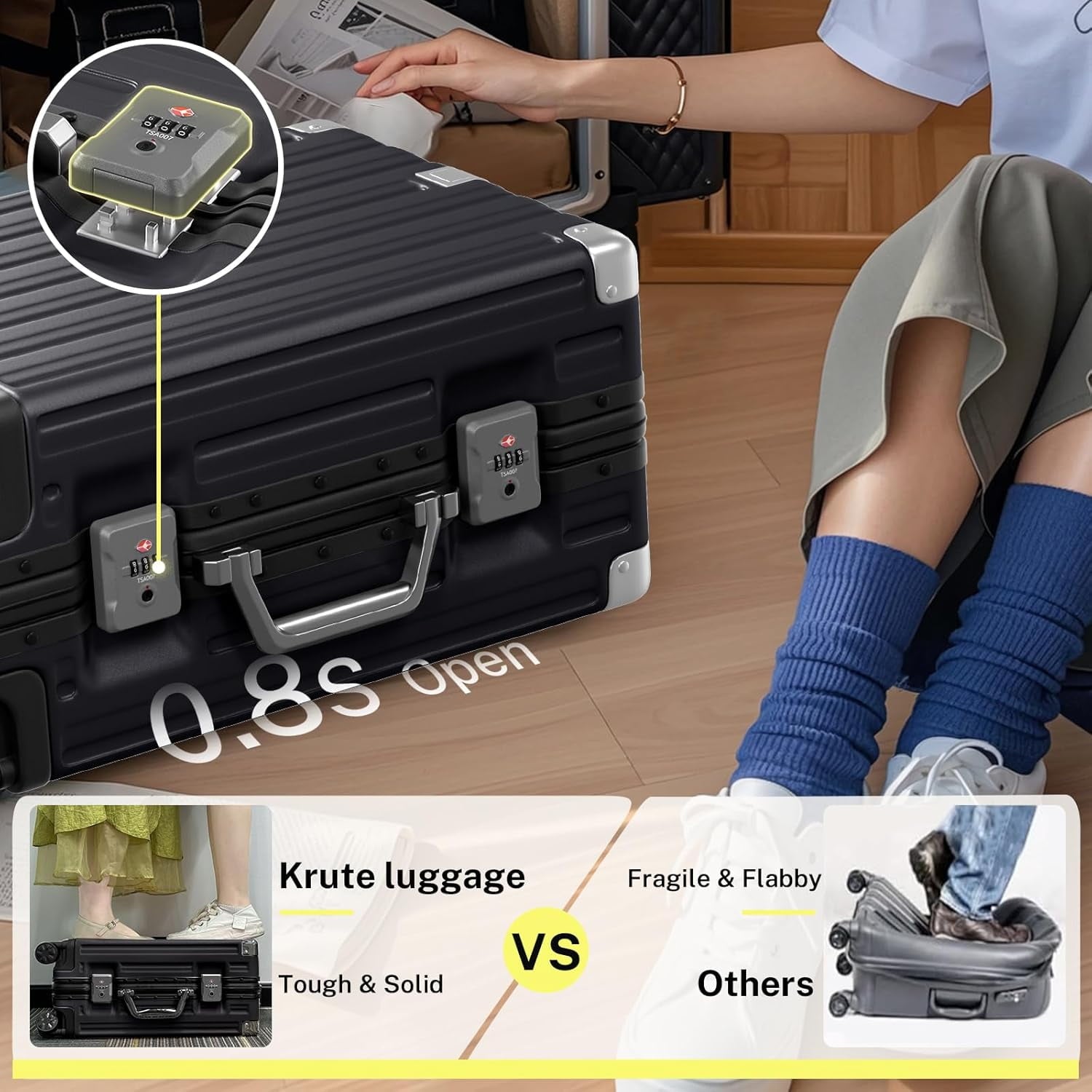 Luggage Sets 2 Pieces Aluminum Frame Carry On Luggage with Wheels PC ABS Hardside Zipperless with TSA Lock 20 28 inch Black