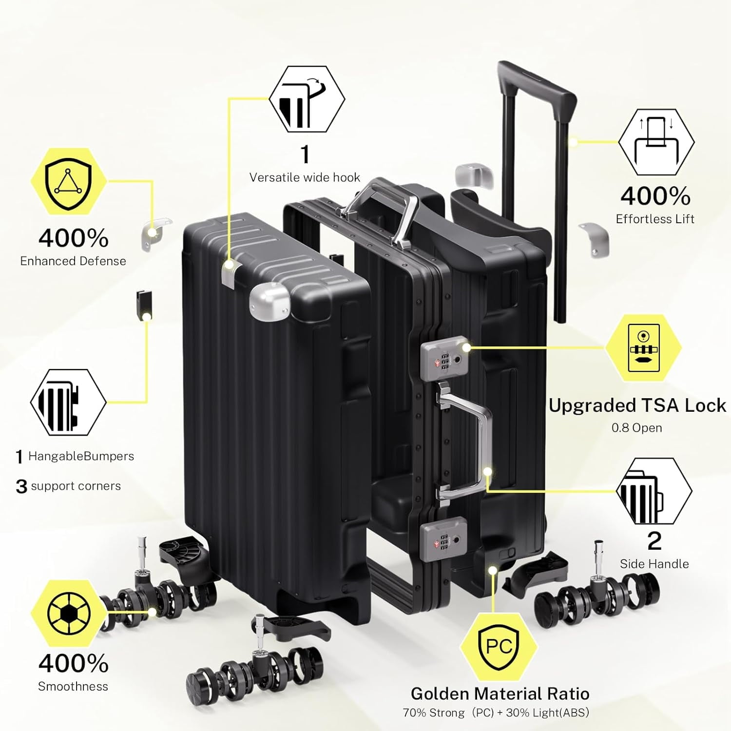 Checked Luggage Aluminum Frame Suitcase with Wheels PC ABS Hardside Zipperless with TSA Lock 28 Inch Black