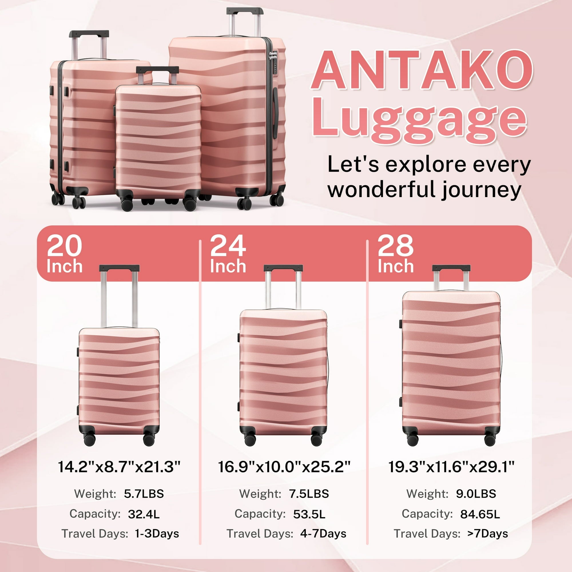Luggage Sets 3 Piece Lightweight Luggage with Spinner Wheels ABS Travel Suitcase with TSA Lock 20 24 28 inch Carry on Luggage RoseGold