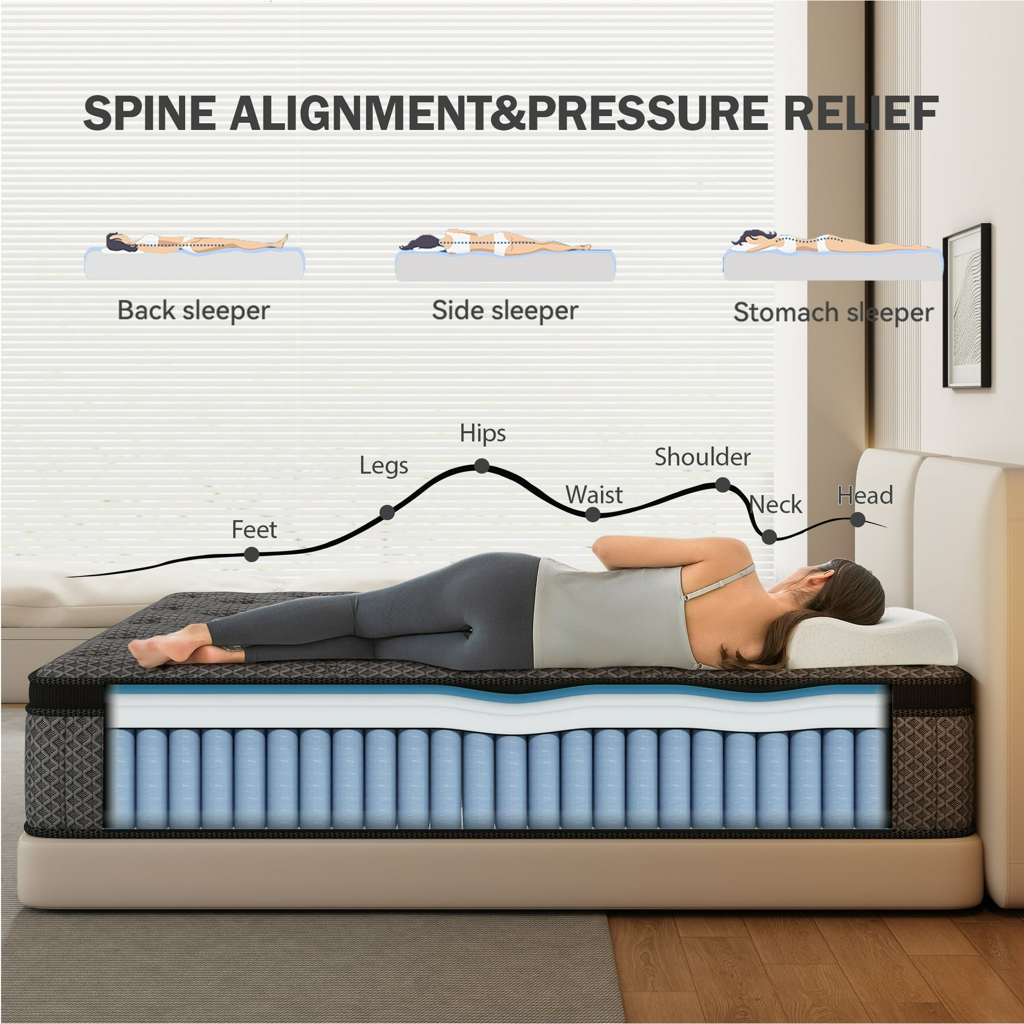 HIKOS 10 inch King Mattress in a Box, Cooling Gel Memory Foam Hybrid Mattress with Individually Wrapped Pocket Coils, Medium Firm King Size Mattress, Pressure Relief for Adult