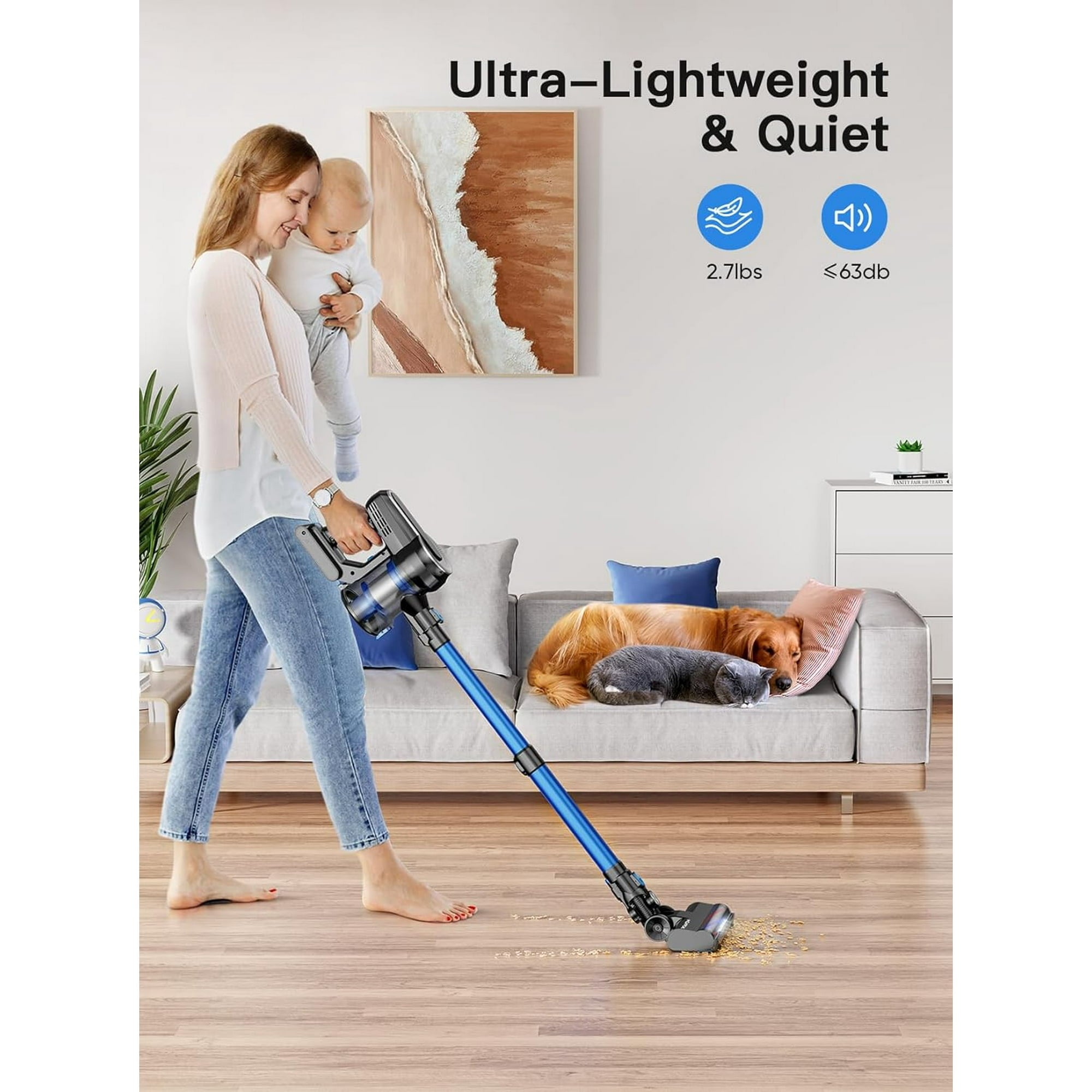 Roanow Cordless Vacuum Cleaner, 38KPA/55Mins with Display Stick Vacuum for Home Hardwood Floor Carpet Pet